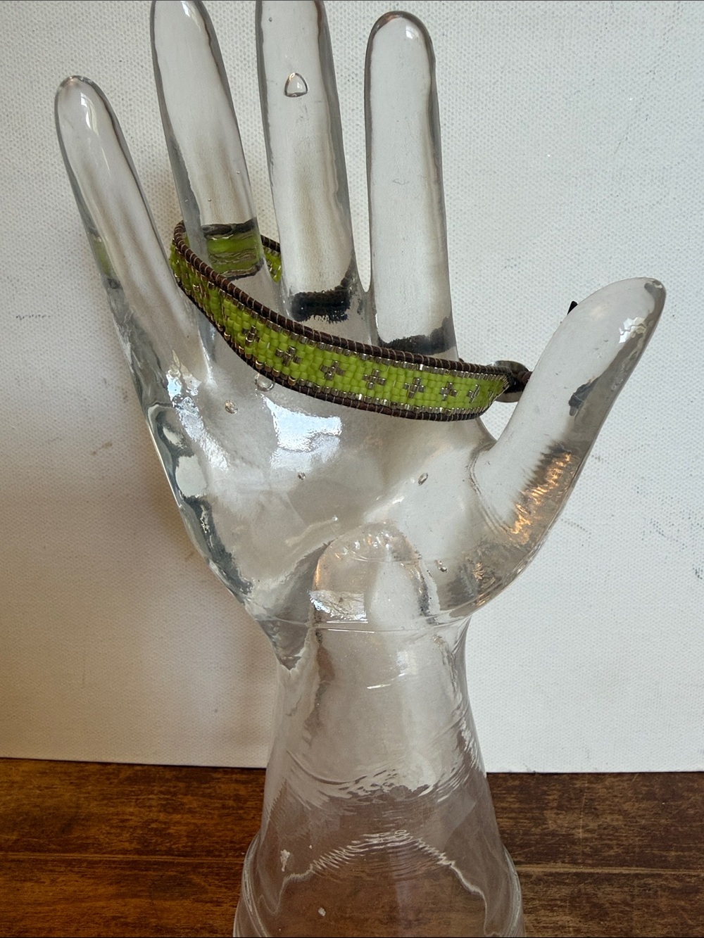 Chan Luu Green Beaded and leather Bracelet with Brown Trim